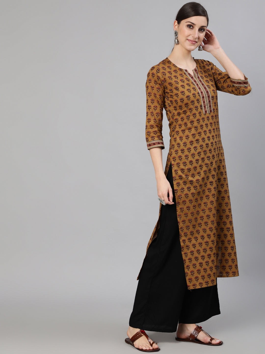 Women Brown Ethnic Motifs Printed Straight Kurta With Three Quarter Sleeves | NOZ2TOZ - Made In INDIA.