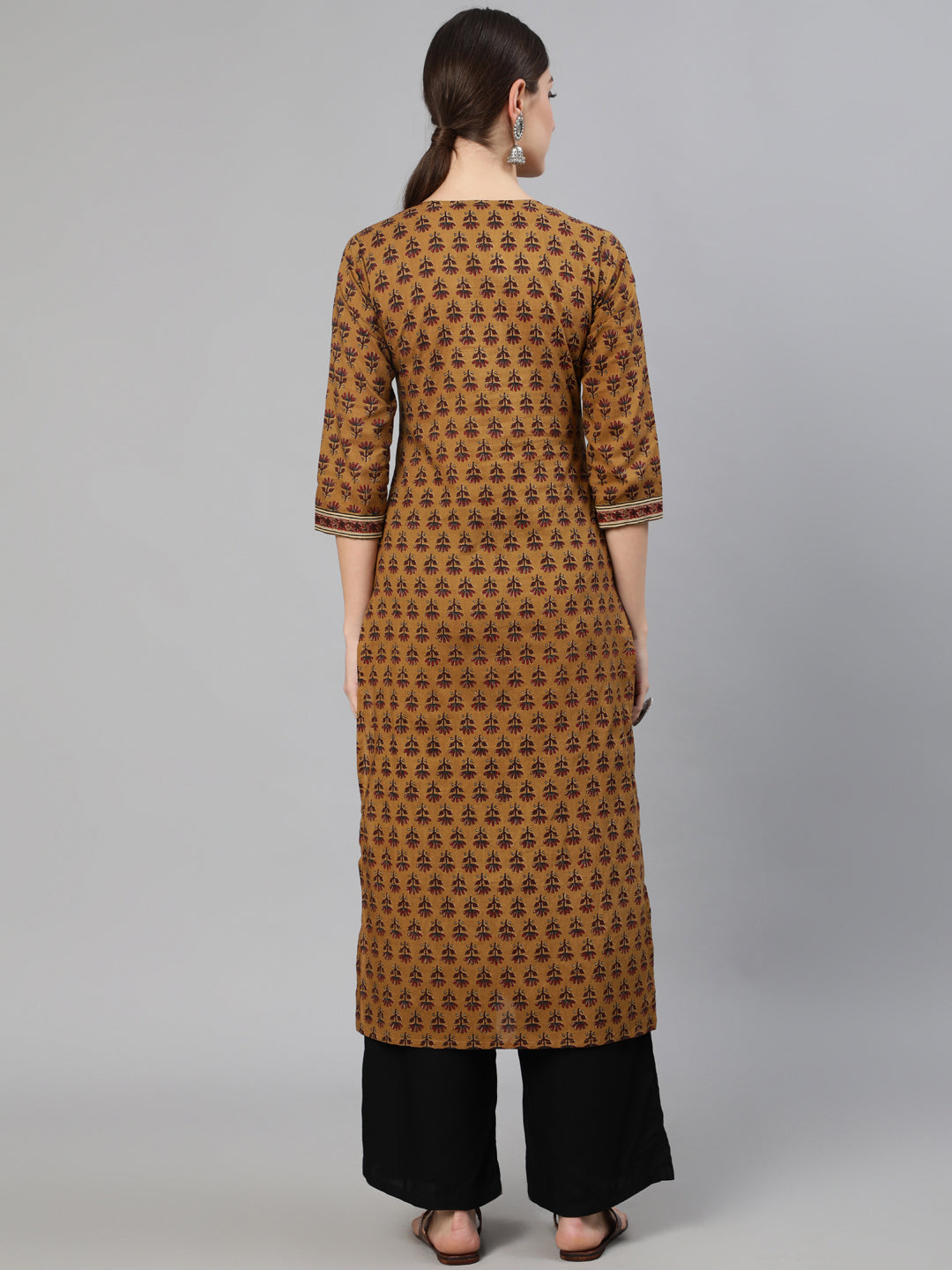 Women Brown Ethnic Motifs Printed Straight Kurta With Three Quarter Sleeves | NOZ2TOZ - Made In INDIA.