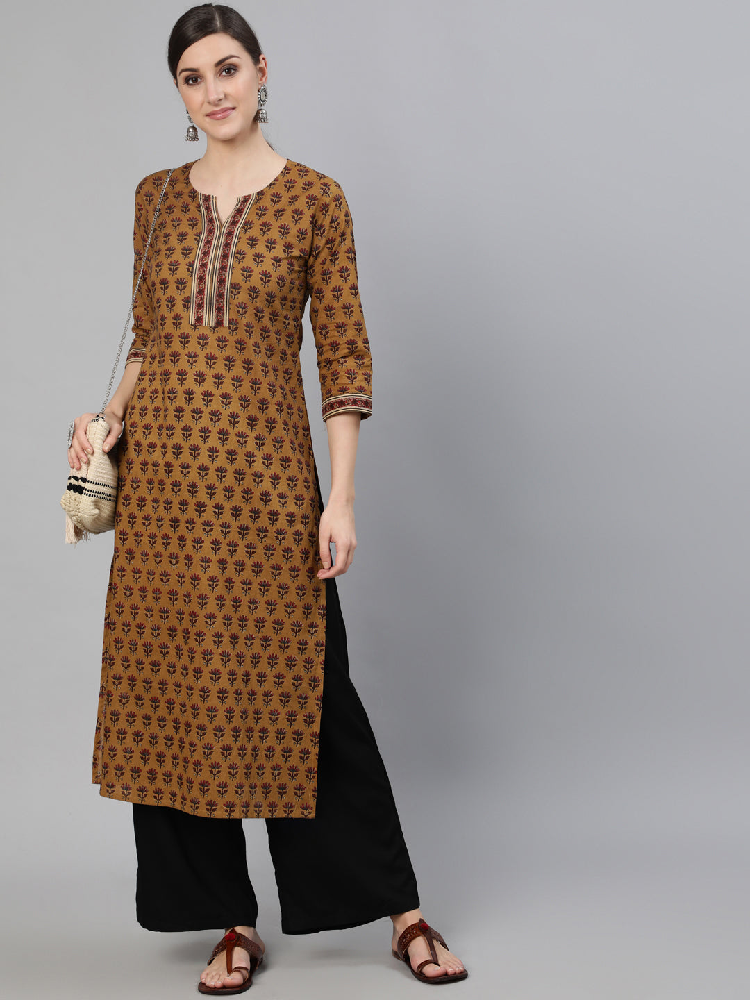 Women Brown Ethnic Motifs Printed Straight Kurta With Three Quarter Sleeves | NOZ2TOZ - Made In INDIA.