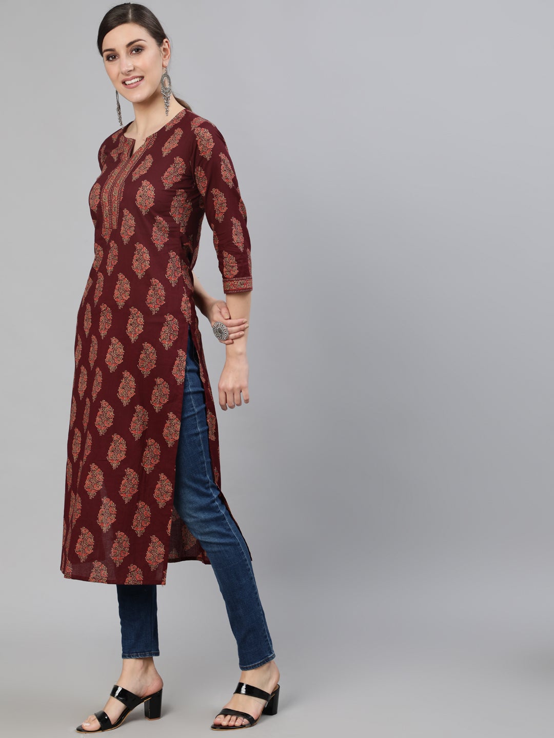 Women Burgundy Ethnic Printed Straight Kurta With Three Quarter Sleeves | NOZ2TOZ - Made In INDIA.