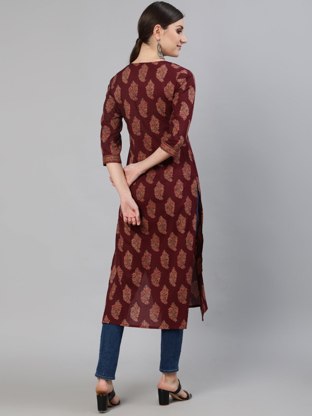 Women Burgundy Ethnic Printed Straight Kurta With Three Quarter Sleeves | NOZ2TOZ - Made In INDIA.