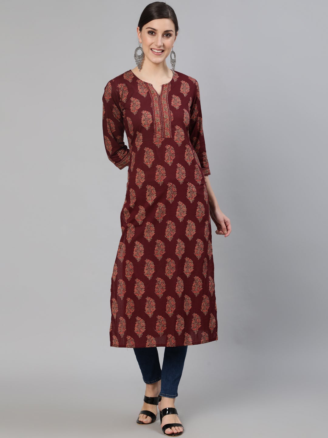 Women Burgundy Ethnic Printed Straight Kurta With Three Quarter Sleeves | NOZ2TOZ - Made In INDIA.