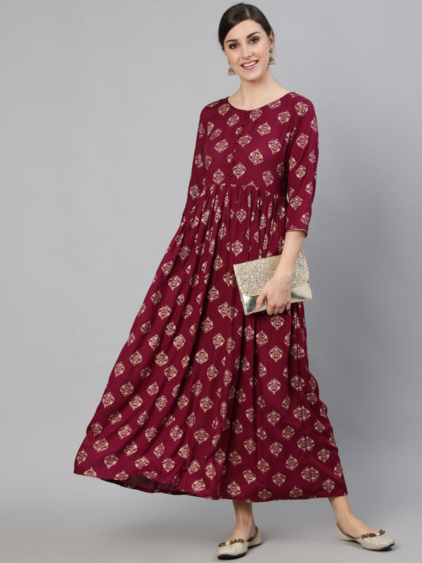 Women Burgundy Ethnic Printed Dress With Three Quarter Sleeves | NOZ2TOZ - Made In INDIA.