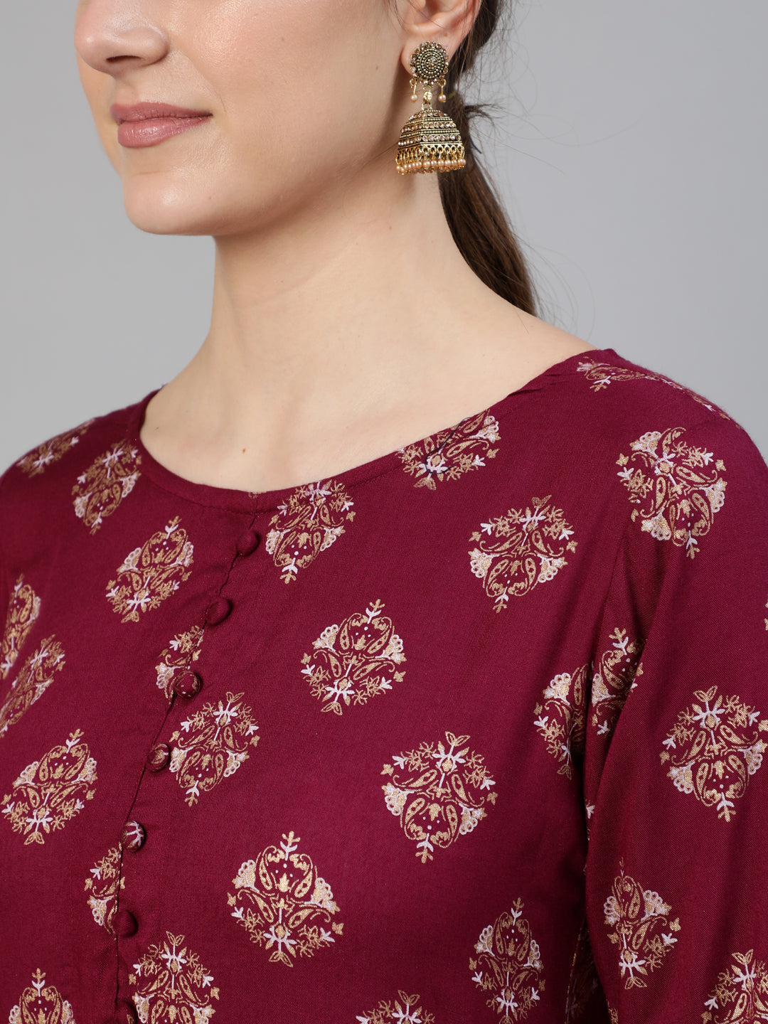 Women Burgundy Ethnic Printed Dress With Three Quarter Sleeves | NOZ2TOZ - Made In INDIA.