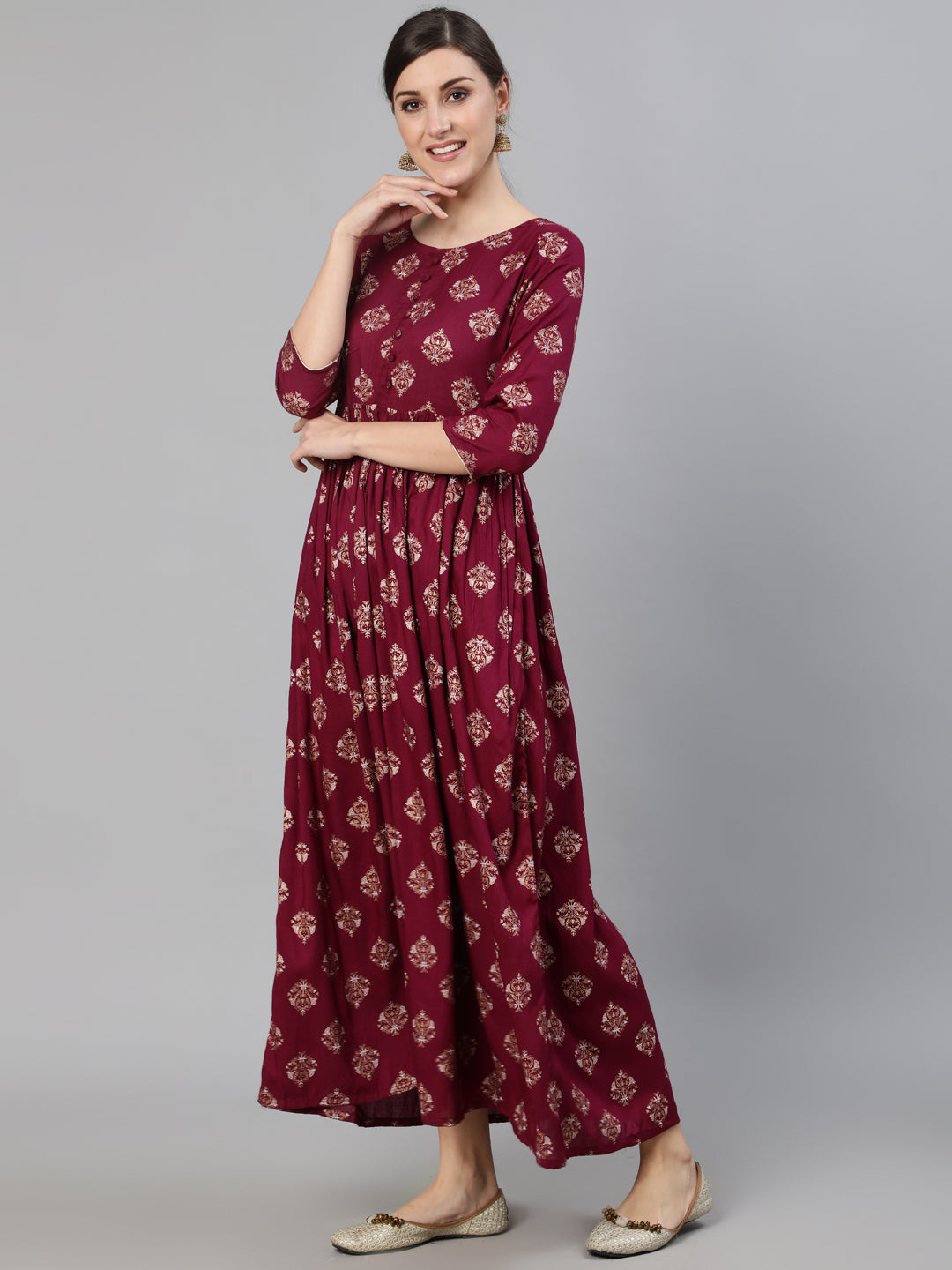 Women Burgundy Ethnic Printed Dress With Three Quarter Sleeves | NOZ2TOZ - Made In INDIA.