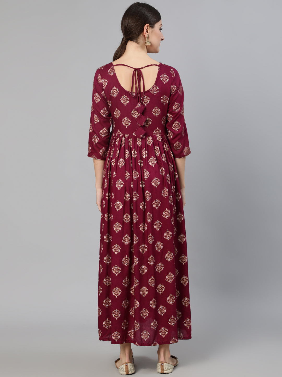 Women Burgundy Ethnic Printed Dress With Three Quarter Sleeves | NOZ2TOZ - Made In INDIA.