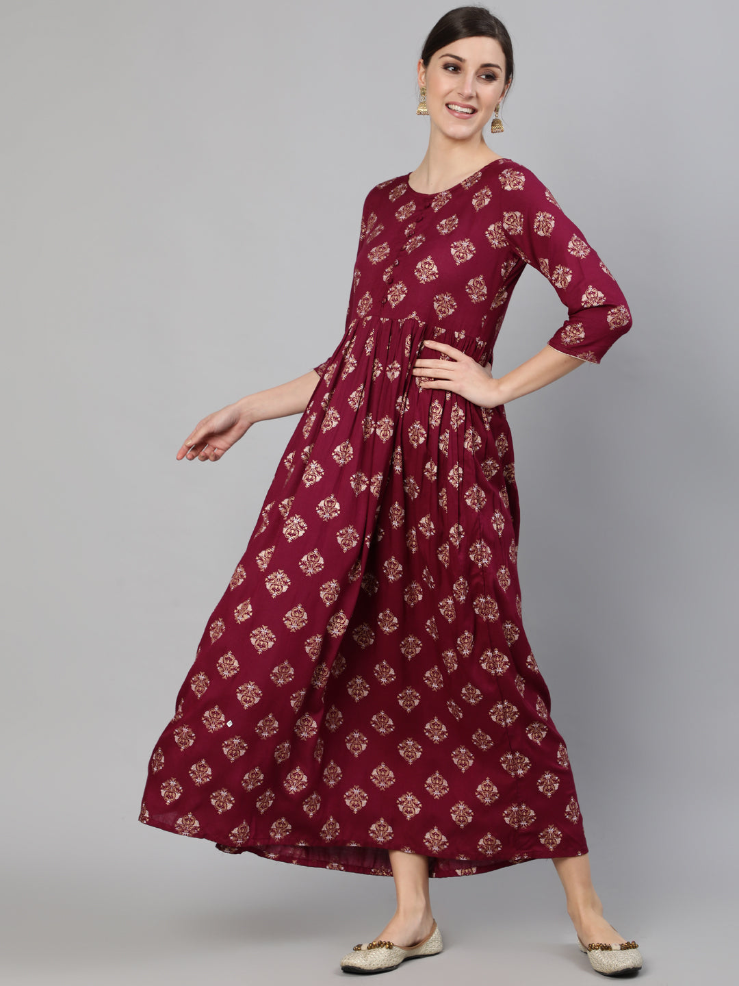 Women Burgundy Ethnic Printed Dress With Three Quarter Sleeves | NOZ2TOZ - Made In INDIA.