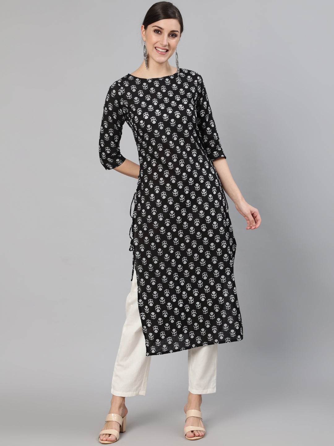 Women Black Ethnic Motif Printed Straight Kurta With Three Quarter Sleeves | NOZ2TOZ - Made In INDIA.