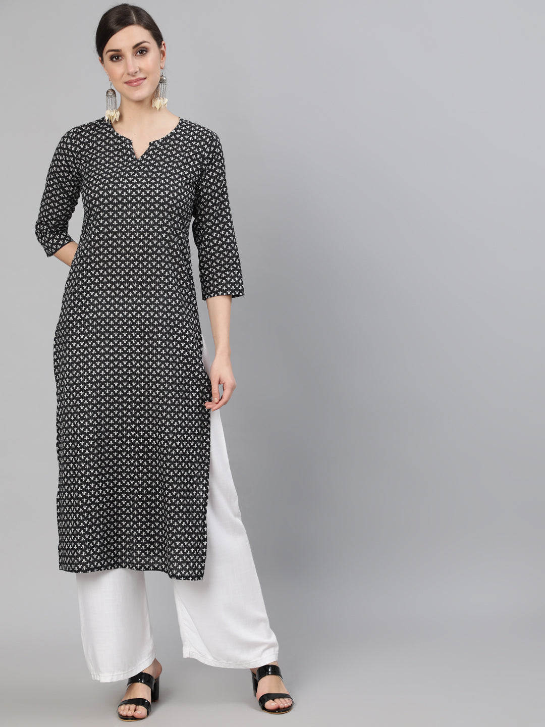 Women Black Abstrac Printed Straight Kurta With Three Quarter Sleeves | NOZ2TOZ - Made In INDIA.