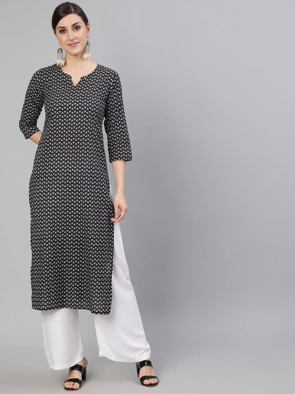 Women Black Abstrac Printed Straight Kurta With Three Quarter Sleeves | NOZ2TOZ - Made In INDIA.