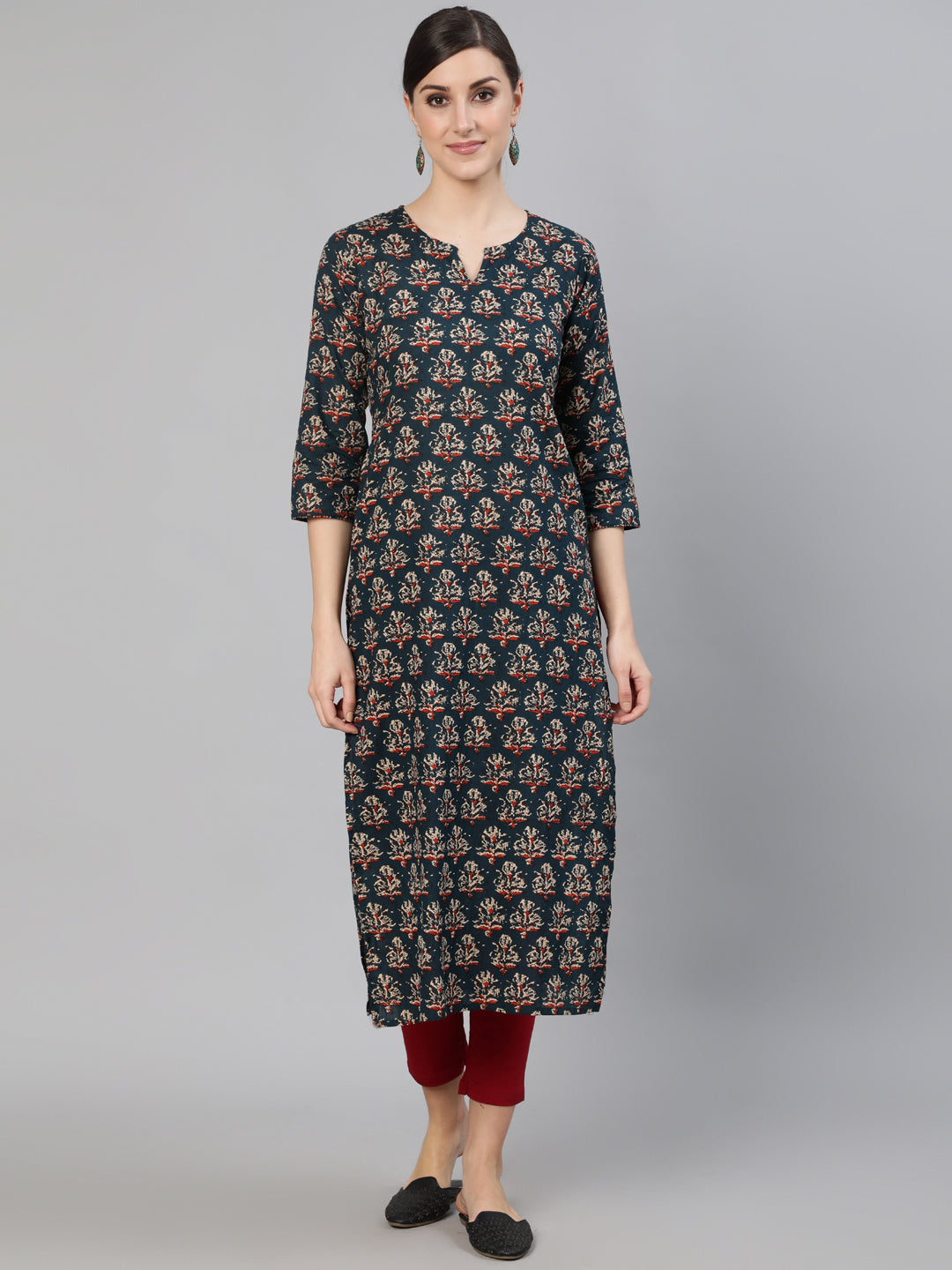 Women Blue Ethnic Printed Straight Kurta With Three Quarter Sleeves | NOZ2TOZ - Made In INDIA.