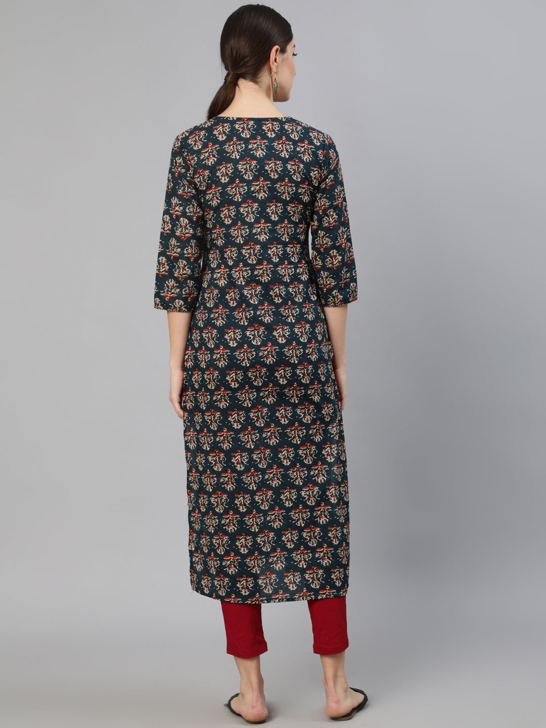 Women Blue Ethnic Printed Straight Kurta With Three Quarter Sleeves | NOZ2TOZ - Made In INDIA.