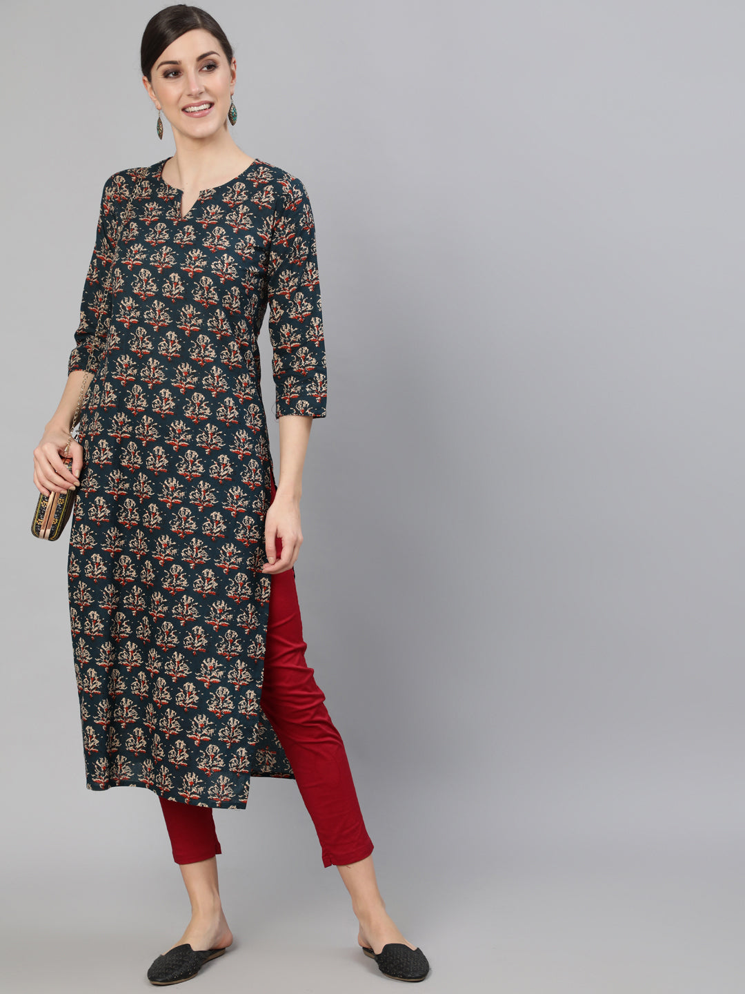 Women Blue Ethnic Printed Straight Kurta With Three Quarter Sleeves | NOZ2TOZ - Made In INDIA.