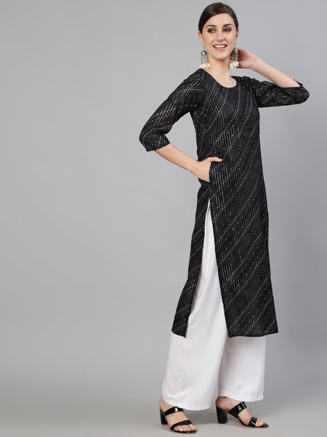 Women Black Bandhani Printed Kurta With Round Neck | NOZ2TOZ - Made In INDIA.