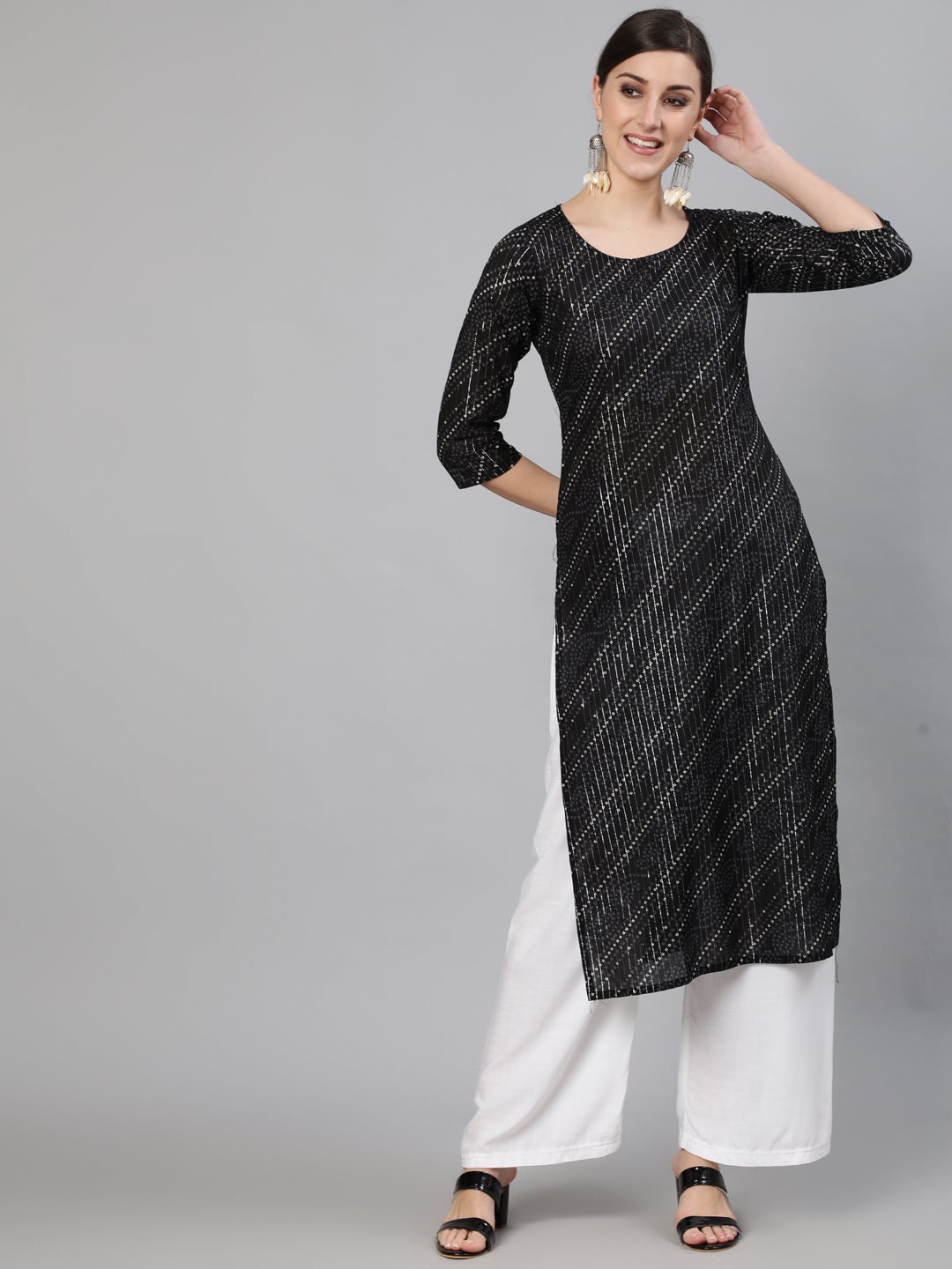 Women Black Bandhani Printed Kurta With Round Neck | NOZ2TOZ - Made In INDIA.