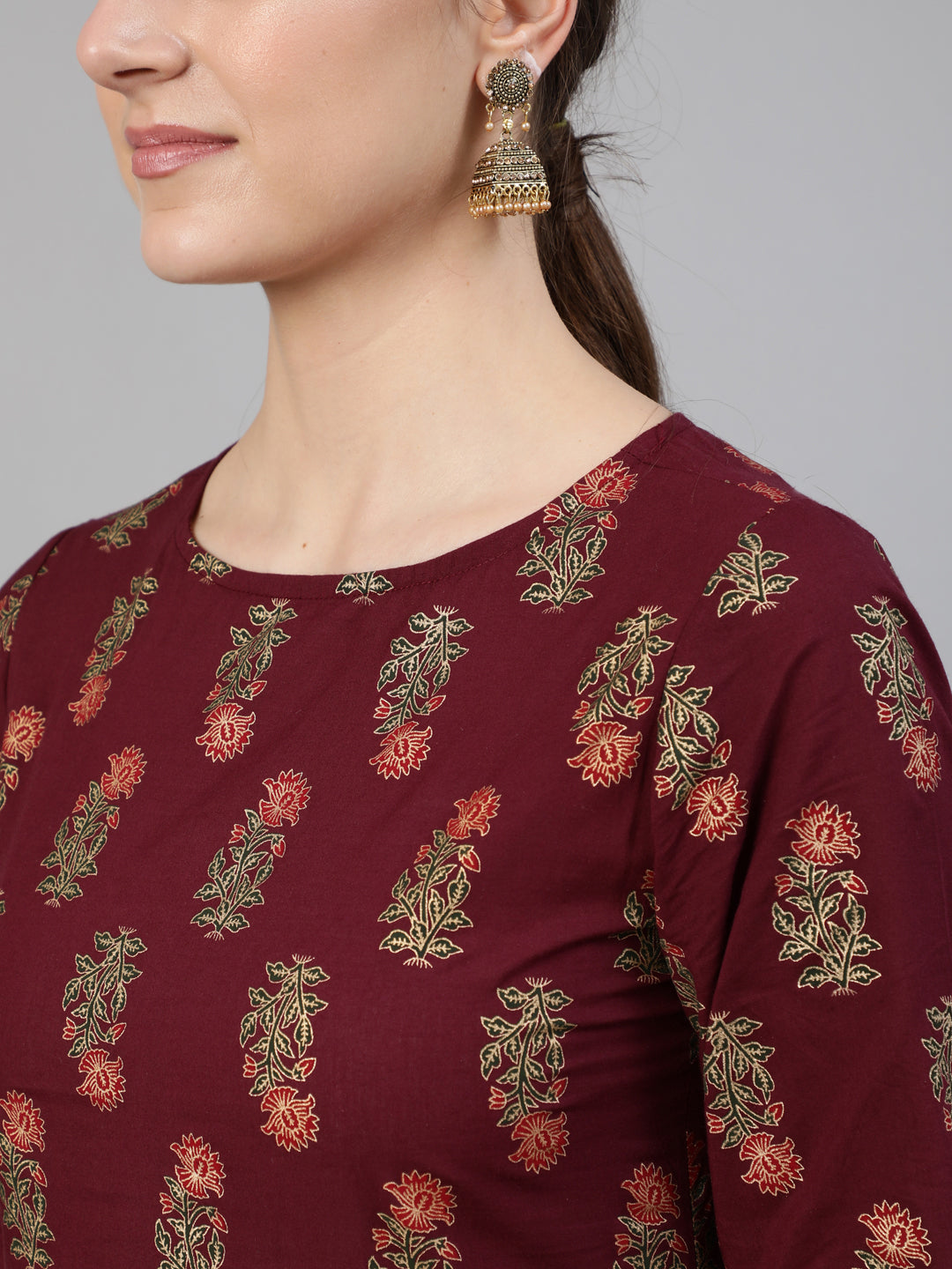 Women Burgundy Floral Printed Kurta with Tassel Detail | NOZ2TOZ - Made In INDIA.