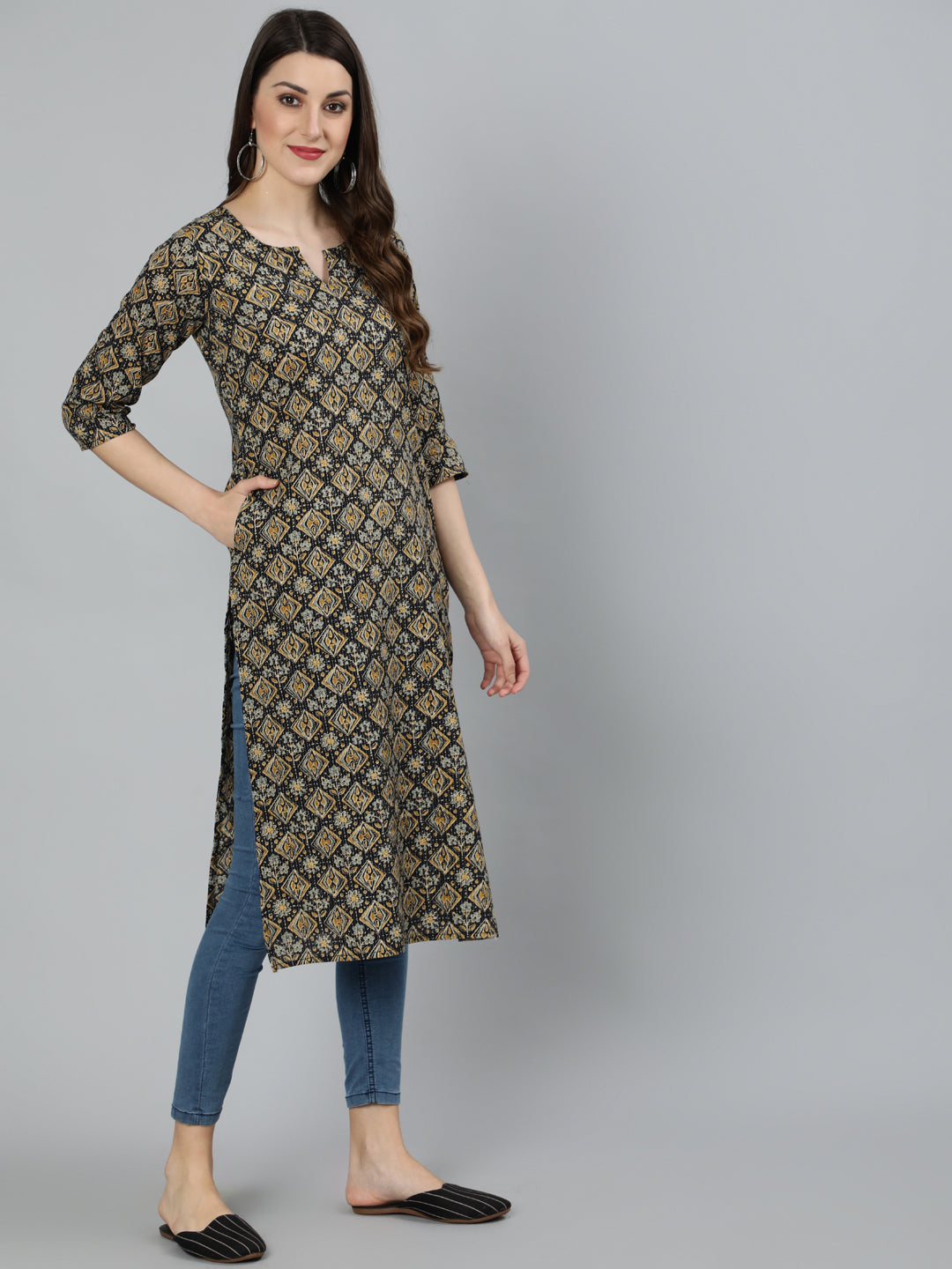 Women Black Abstract Printed Straight Kurta With Three Quarter Sleeves | NOZ2TOZ - Made In INDIA.