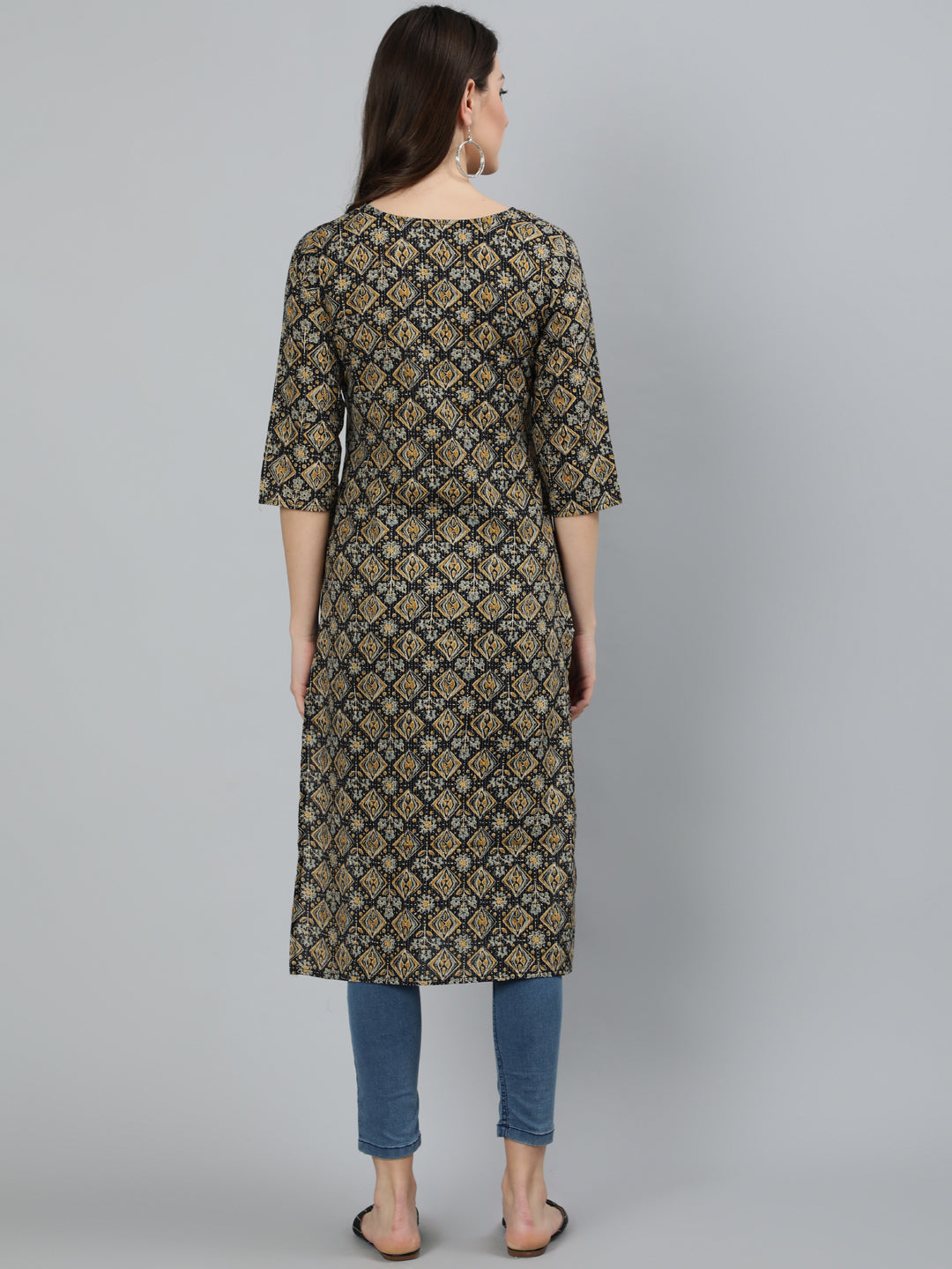 Women Black Abstract Printed Straight Kurta With Three Quarter Sleeves | NOZ2TOZ - Made In INDIA.