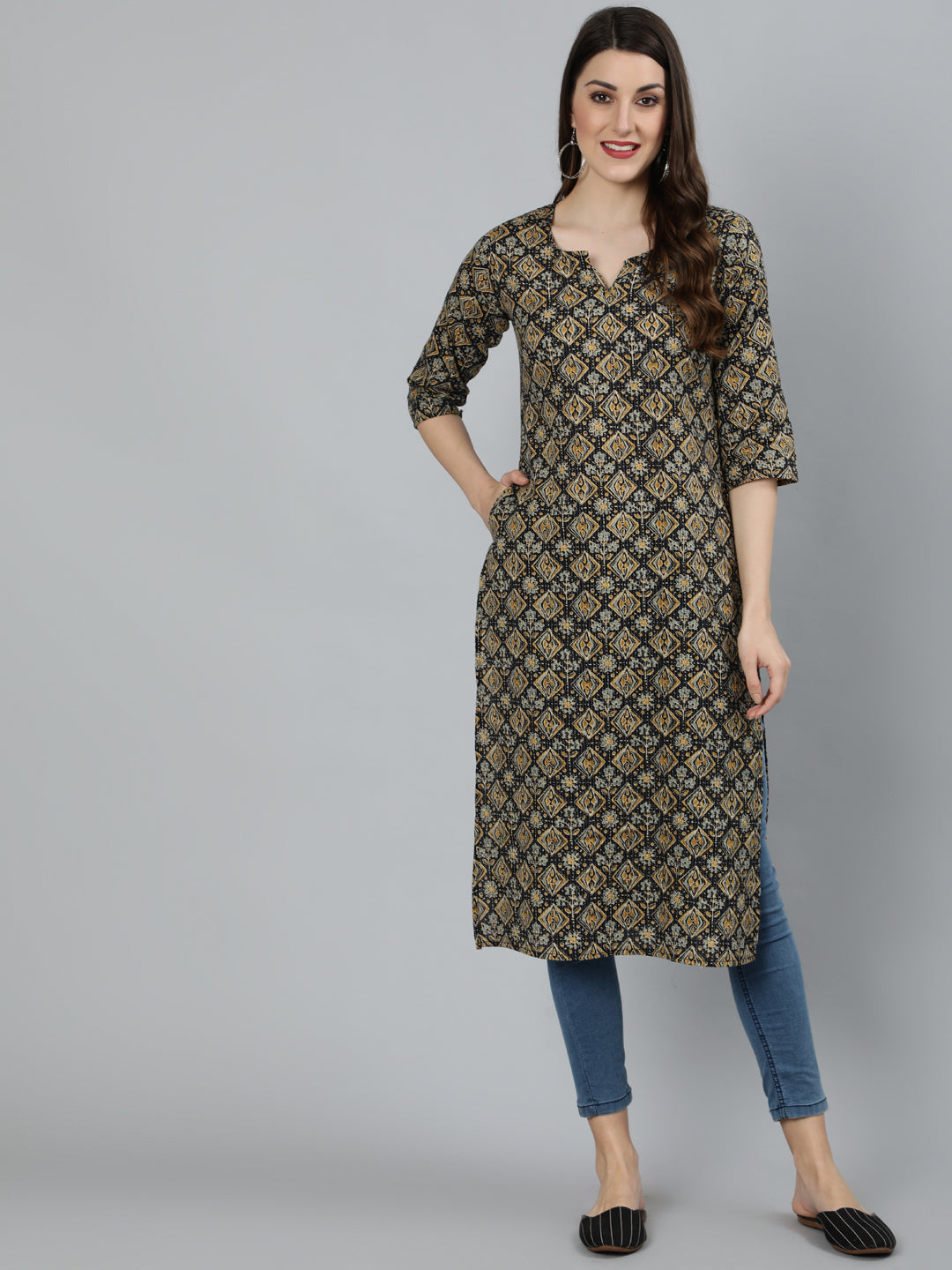 Women Black Abstract Printed Straight Kurta With Three Quarter Sleeves | NOZ2TOZ - Made In INDIA.