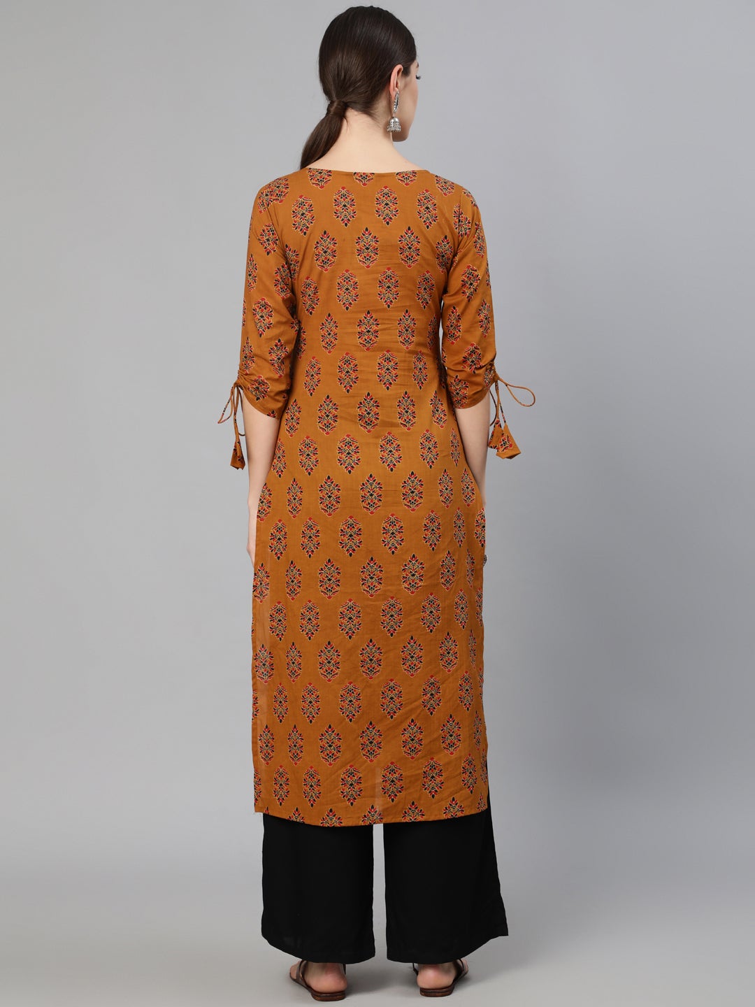 Women Mustard Ethnic Motifs Printed Straight Kurta With Tassel Detail | NOZ2TOZ - Made In INDIA.