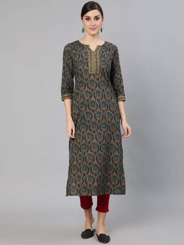 Women Blue Ethnic Motif Printed Straight Kurta With Three Quarter Sleeves | NOZ2TOZ - Made In INDIA.