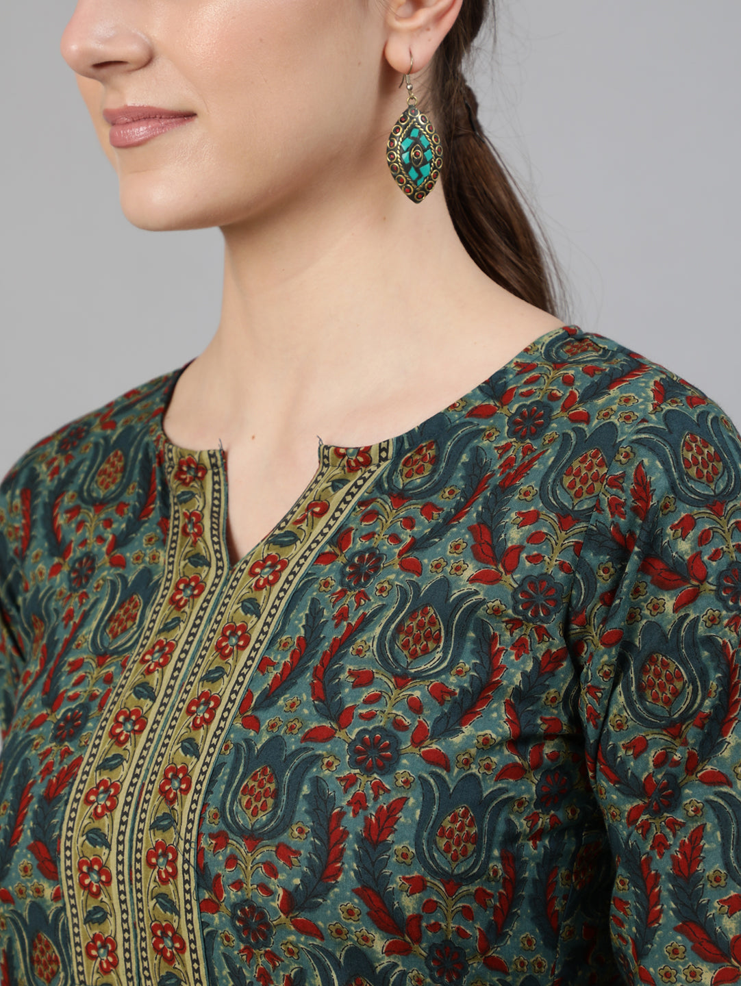 Women Blue Ethnic Motif Printed Straight Kurta With Three Quarter Sleeves | NOZ2TOZ - Made In INDIA.