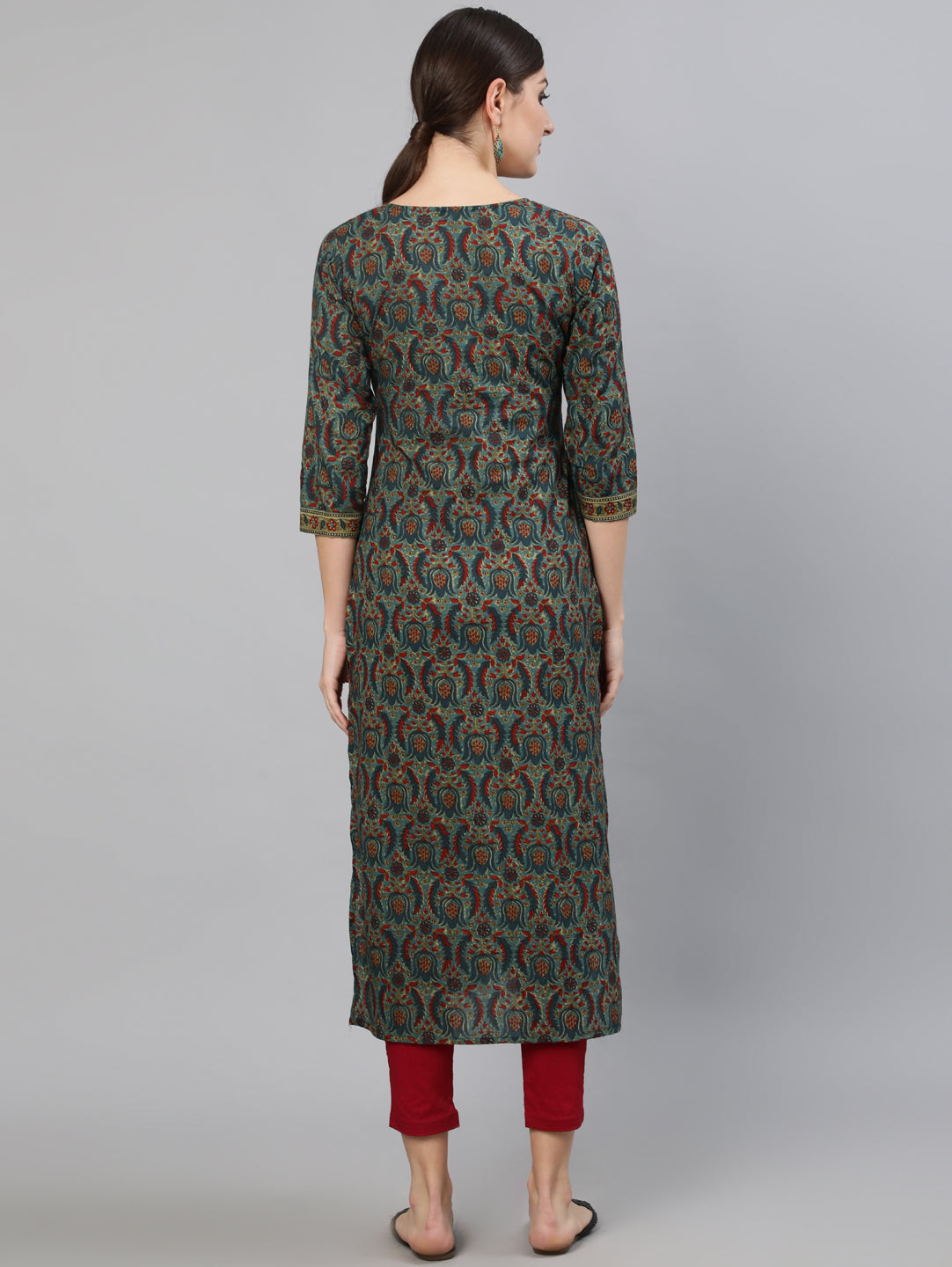 Women Blue Ethnic Motif Printed Straight Kurta With Three Quarter Sleeves | NOZ2TOZ - Made In INDIA.