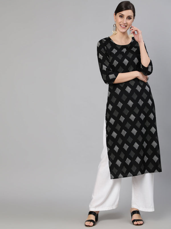 Women Black Geometric Printed Straight Kurta With Three Quarter Sleeves | NOZ2TOZ - Made In INDIA.