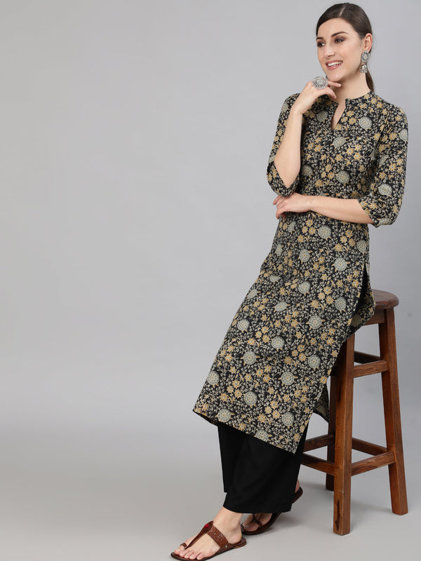 Women Black & Cream Floral Printed Kurta With Three Quarter Sleeves | NOZ2TOZ - Made In INDIA.