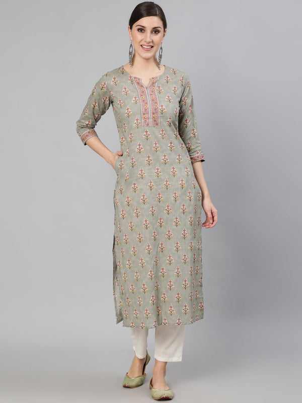 Women Grey Floral Printed  Straight Kurta With Three Quarter Sleeves | NOZ2TOZ - Made In INDIA.