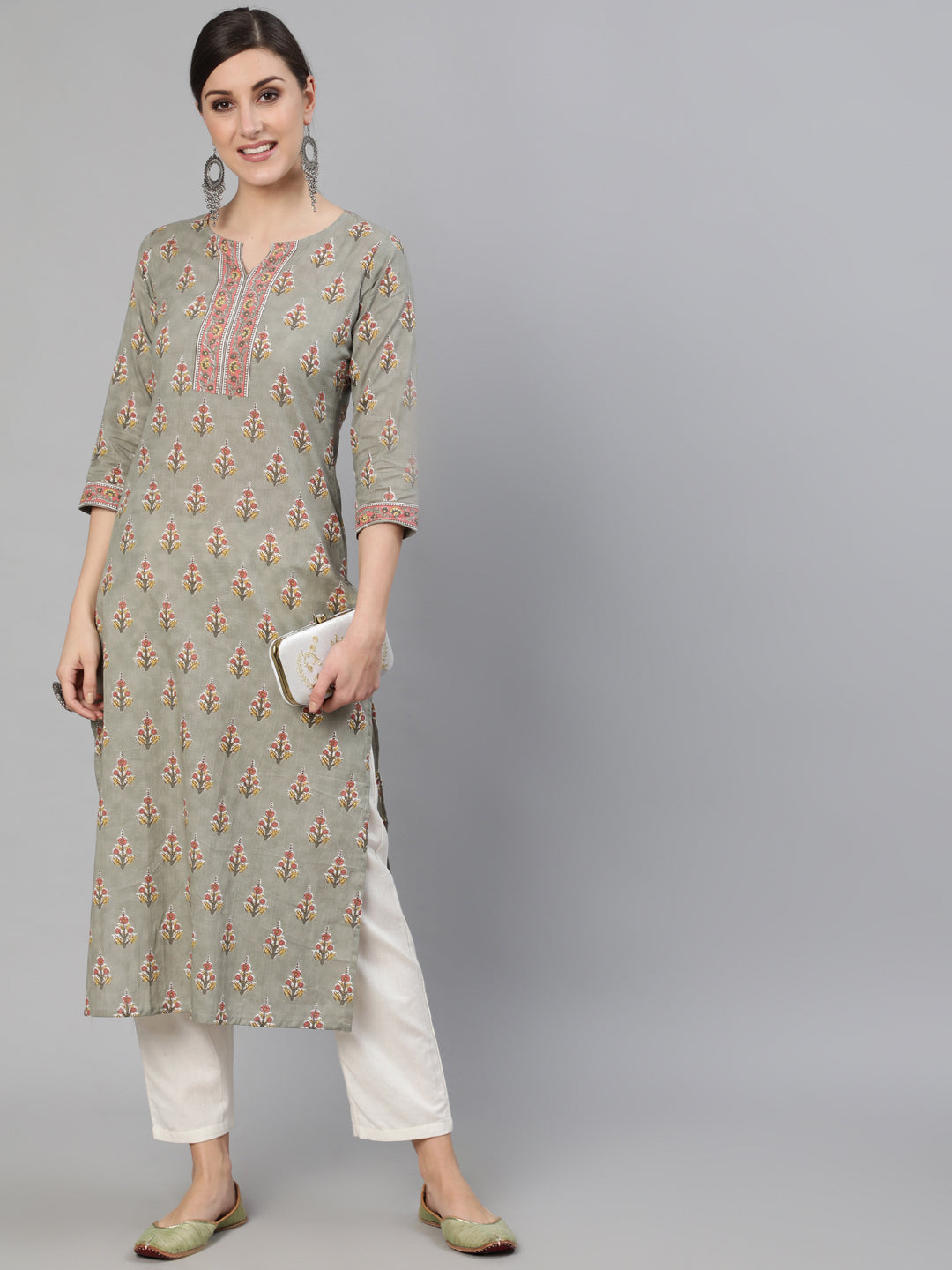 Women Grey Floral Printed  Straight Kurta With Three Quarter Sleeves | NOZ2TOZ - Made In INDIA.