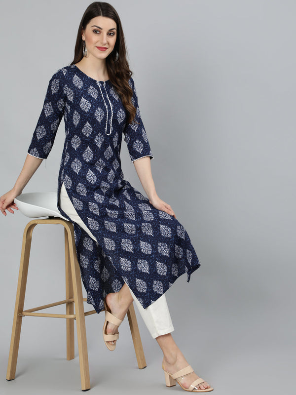 Women Navy Blue Ethnic Printed Straight Kurta with Lace Details | NOZ2TOZ - Made In INDIA.