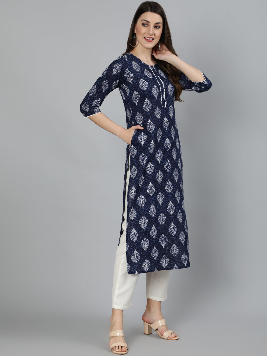 Women Navy Blue Ethnic Printed Straight Kurta with Lace Details | NOZ2TOZ - Made In INDIA.