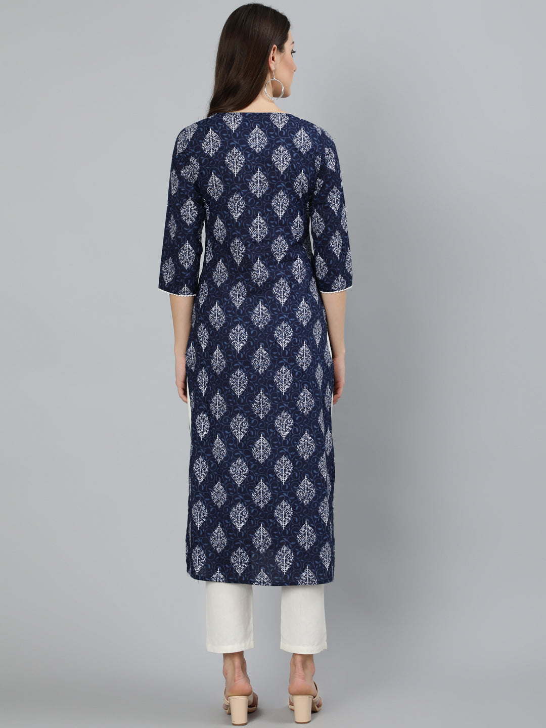 Women Navy Blue Ethnic Printed Straight Kurta with Lace Details | NOZ2TOZ - Made In INDIA.