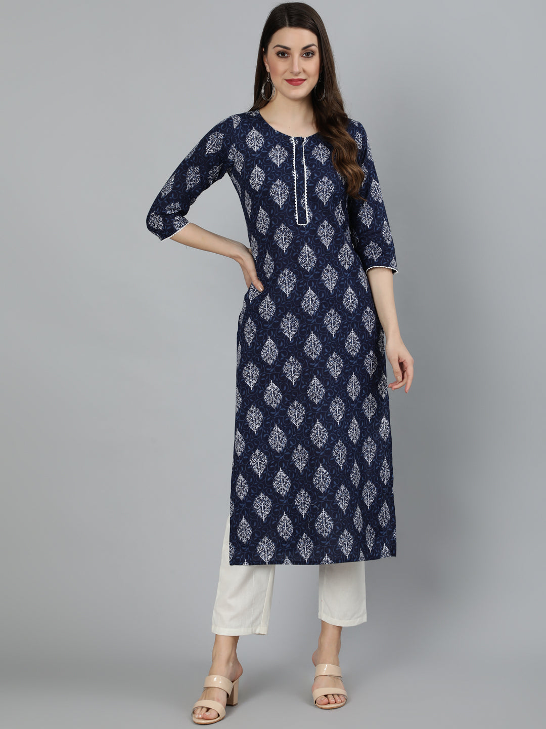 Women Navy Blue Ethnic Printed Straight Kurta with Lace Details | NOZ2TOZ - Made In INDIA.