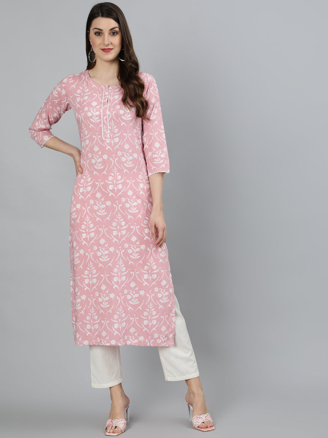 Women Pink Floral Printed Kurta With Three Quarter Sleeves | NOZ2TOZ - Made In INDIA.