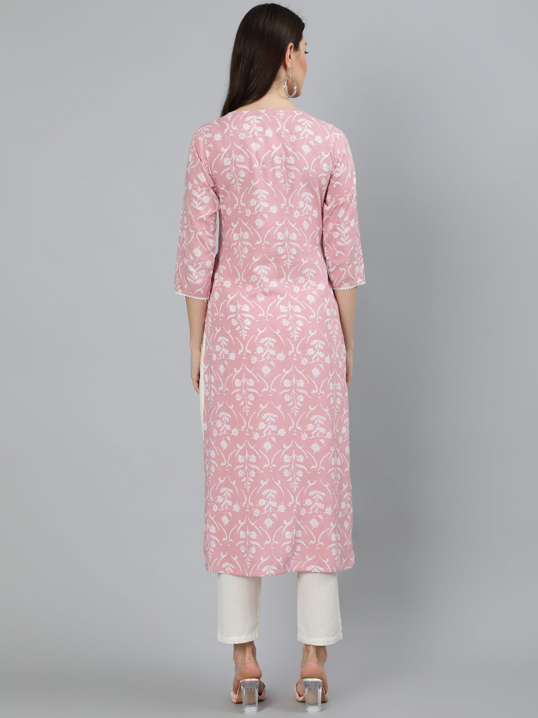 Women Pink Floral Printed Kurta With Three Quarter Sleeves | NOZ2TOZ - Made In INDIA.