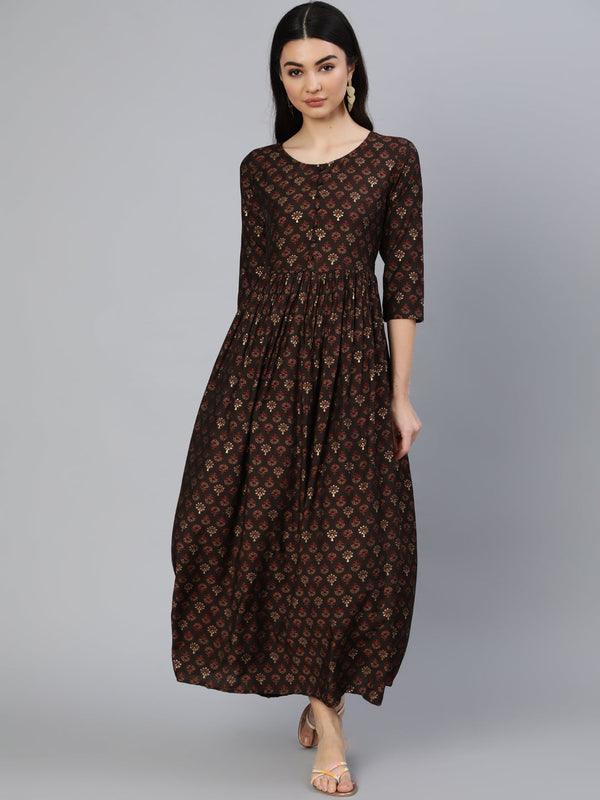 Women Taupe Ethnic Printed Flared Dress | NOZ2TOZ - Made In INDIA.