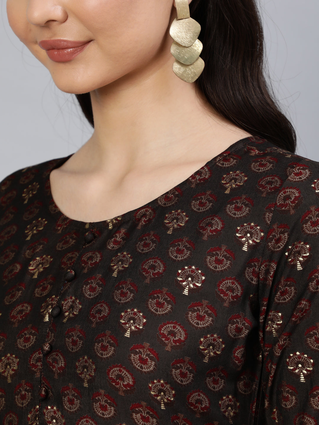 Women Taupe Ethnic Printed Flared Dress | NOZ2TOZ - Made In INDIA.