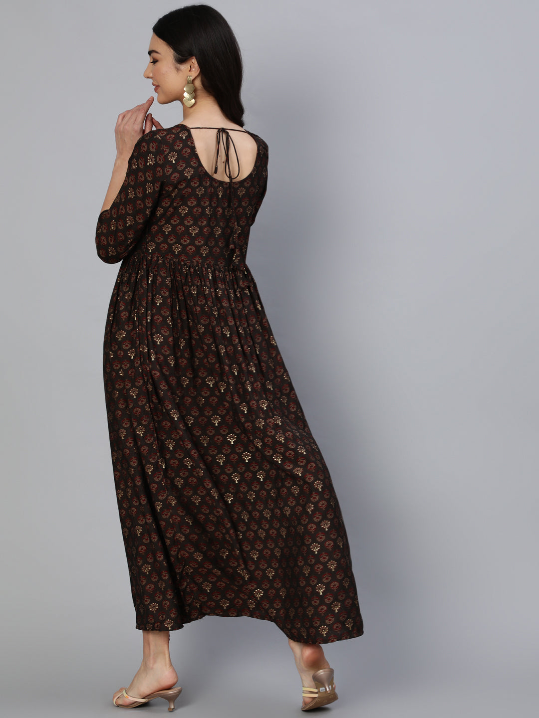 Women Taupe Ethnic Printed Flared Dress | NOZ2TOZ - Made In INDIA.