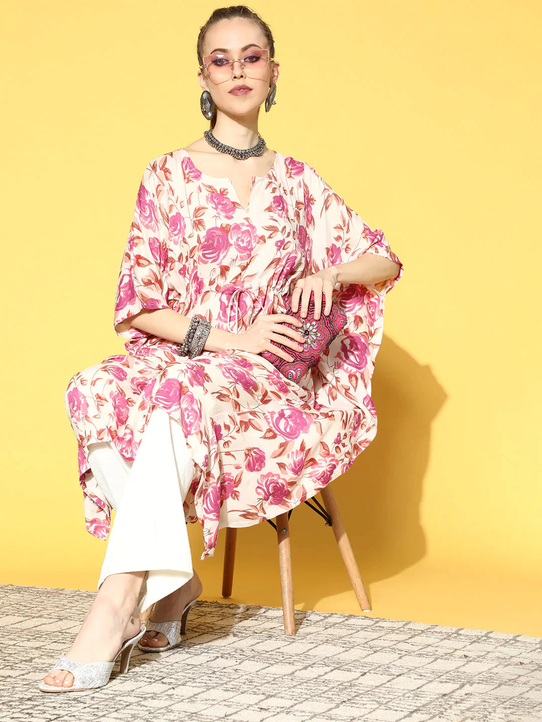 Women off-White Printed Kaftan Kurta | NOZ2TOZ - Made In INDIA.