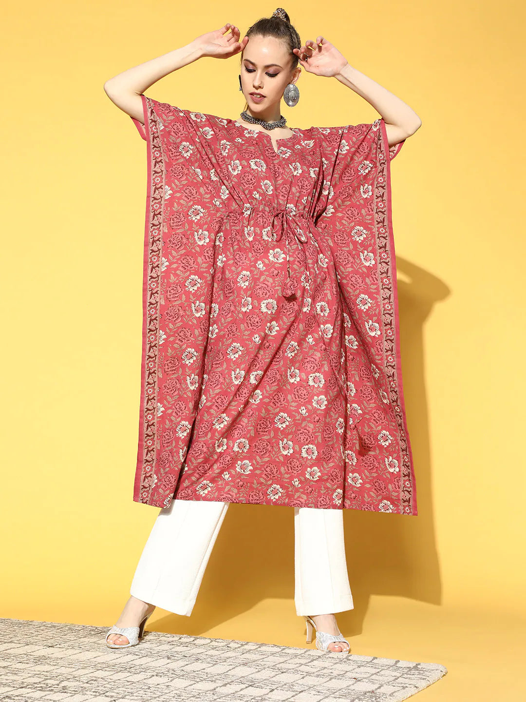 Women Pink Printed Kaftan Kurta | NOZ2TOZ - Made In INDIA.