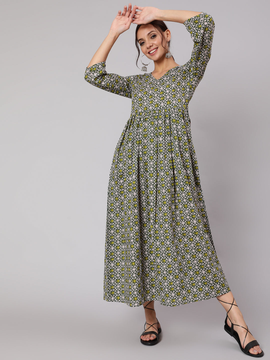 Women Grey Abstrac Printed Gathered Dress With Three Quarter Sleeves | NOZ2TOZ - Made In INDIA.