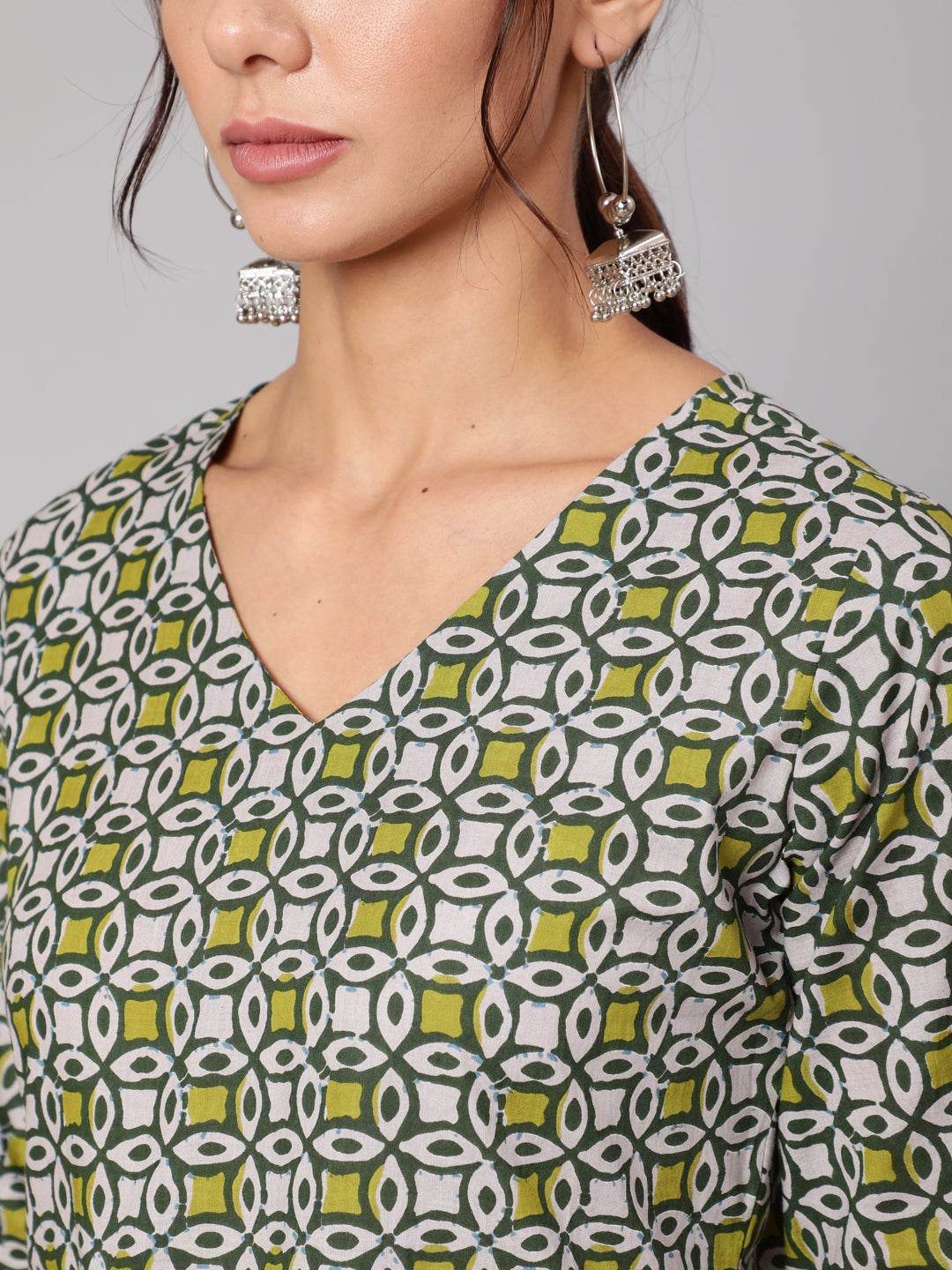 Women Grey Abstrac Printed Gathered Dress With Three Quarter Sleeves | NOZ2TOZ - Made In INDIA.