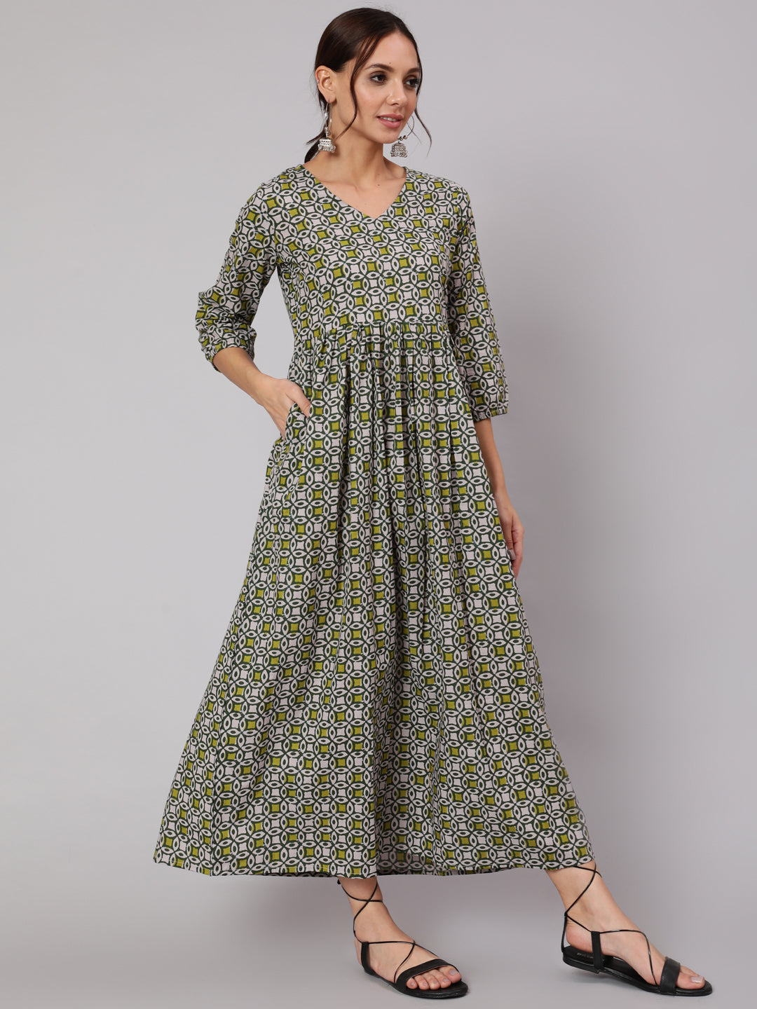 Women Grey Abstrac Printed Gathered Dress With Three Quarter Sleeves | NOZ2TOZ - Made In INDIA.