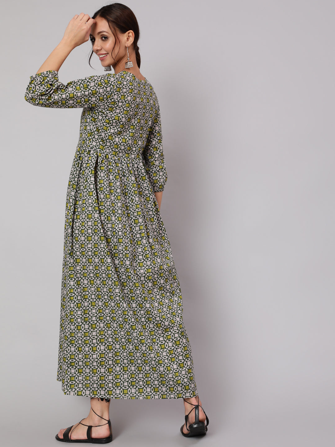 Women Grey Abstrac Printed Gathered Dress With Three Quarter Sleeves | NOZ2TOZ - Made In INDIA.