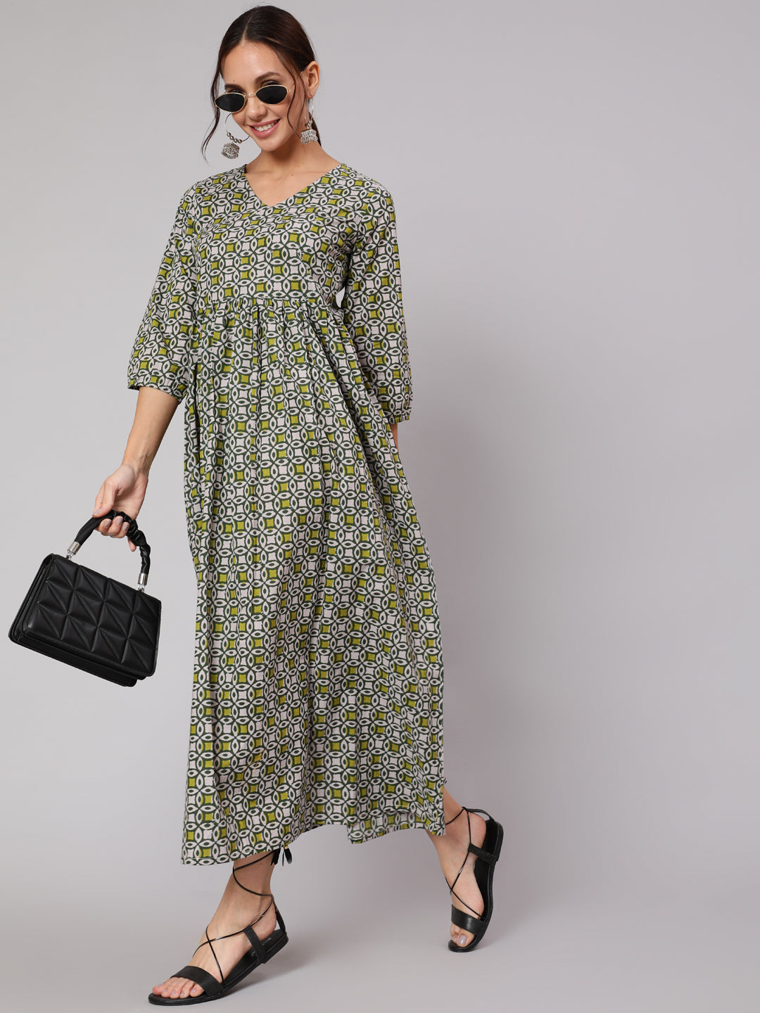 Women Grey Abstrac Printed Gathered Dress With Three Quarter Sleeves | NOZ2TOZ - Made In INDIA.