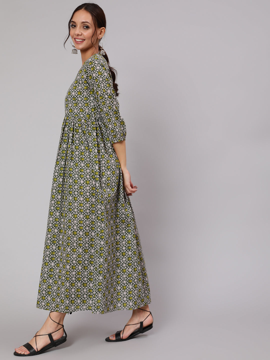 Women Grey Abstrac Printed Gathered Dress With Three Quarter Sleeves | NOZ2TOZ - Made In INDIA.