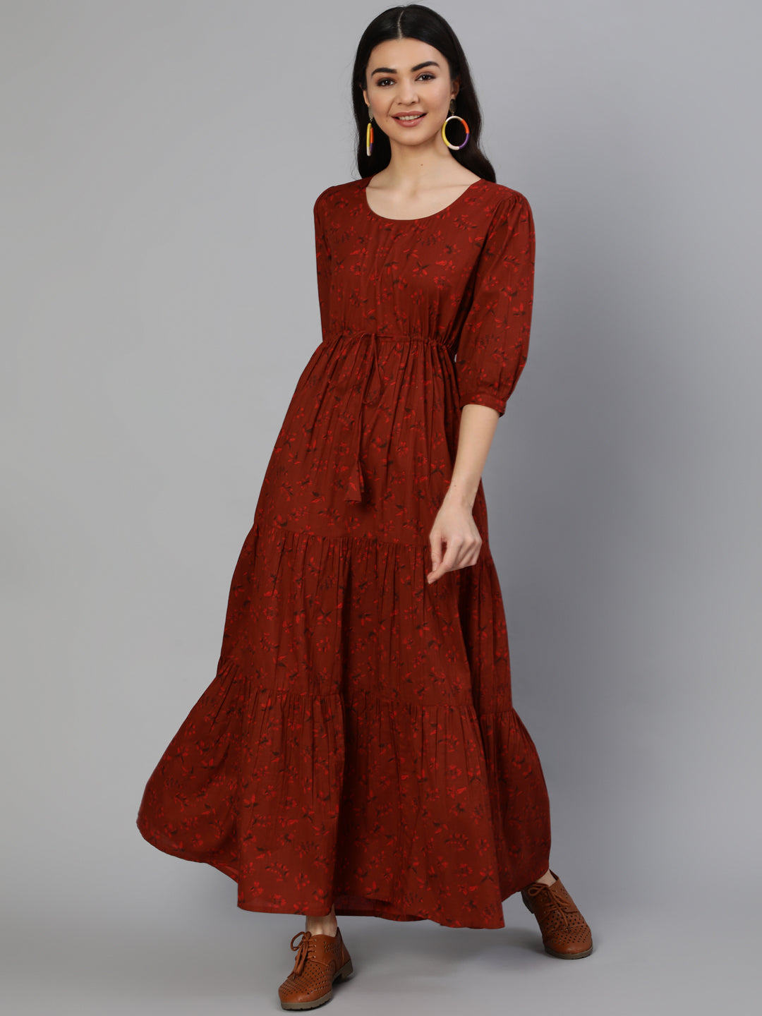 Women Maroon Printed Tiered Dress With Three Quarter Sleeves | NOZ2TOZ - Made In INDIA.