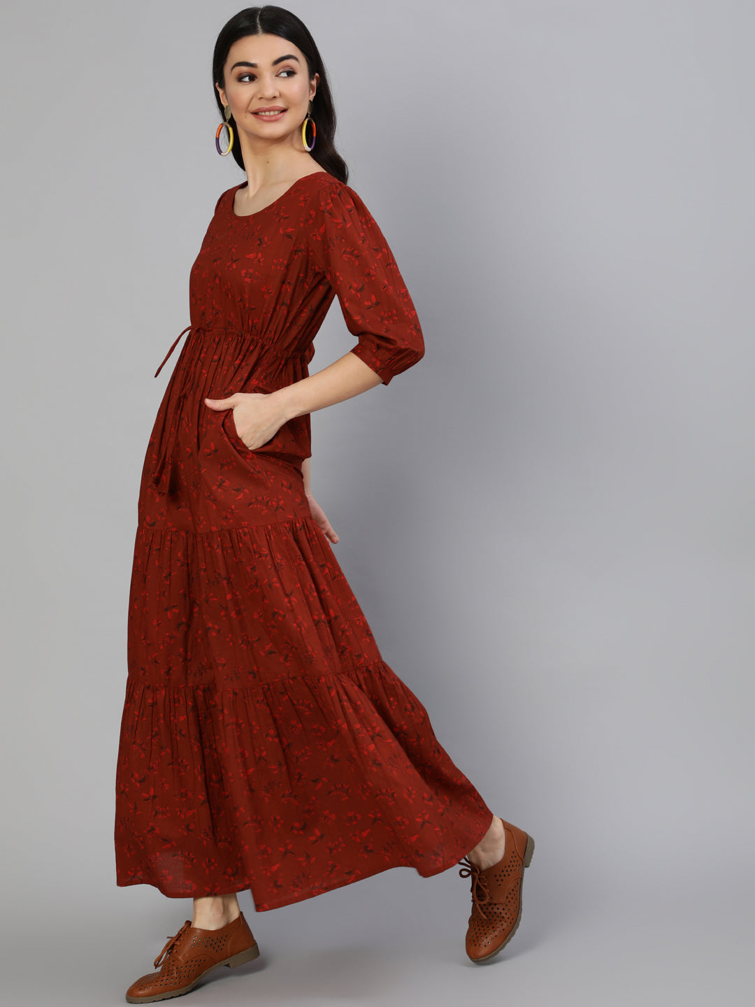 Women Maroon Printed Tiered Dress With Three Quarter Sleeves | NOZ2TOZ - Made In INDIA.